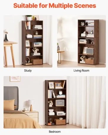 VEVOR 5 Tiers Narrow Bookshelf 53&quot; Wooden Open Bookcase Adjustable Shelf Brown