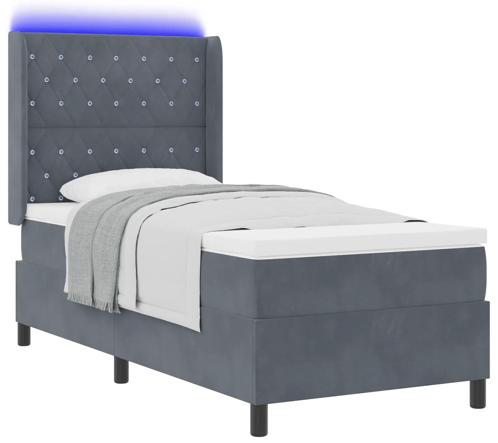 vidaXL Κρεβάτι Box Spring με Στρώμα & LED Γκρι Σκούρο 90x190 εκ. Βελούδο