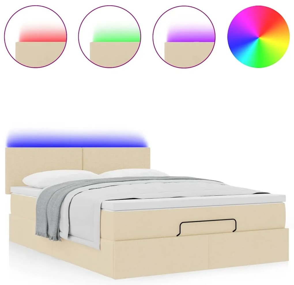 vidaXL Οθωμανικό κρεβάτι με στρώμα & LEDs Cream 140x200 cm Ύφασμα