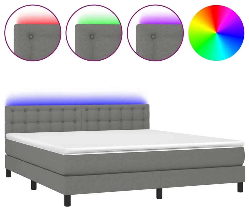 vidaXL Κρεβάτι Boxspring με Στρώμα & LED Σκ.Γκρι 180x200 εκ Υφασμάτινο