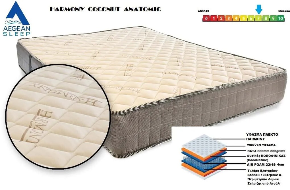 Στρώμα Ανατομικό AegeanSleep HARMONY COCONUT ANATOMIC 090x190x026cm New Model 2024