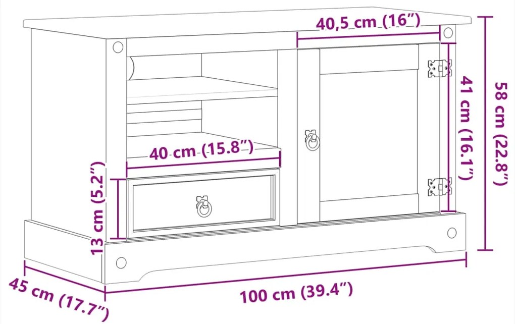 Έπιπλο Τηλεόρασης Corona 100x45x58 εκ. από Μασίφ Ξύλο Πεύκου - Καφέ