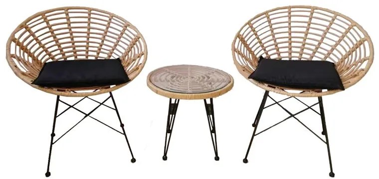 SALSA Coral Coffee Set Κήπου Μέταλλο Μαύρο - Γυαλί - Wicker Φυσικό: Τραπεζάκι 2 Πολυθρόνες  TableΦ50x44 Armchair72x62x81cm Ε283,S
