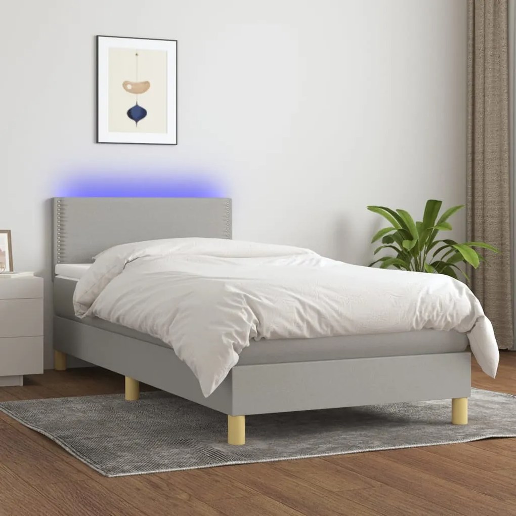 vidaXL Κρεβάτι Boxspring με Στρώμα &amp; LED Αν.Γκρι 90x200 εκ. Υφασμάτινο