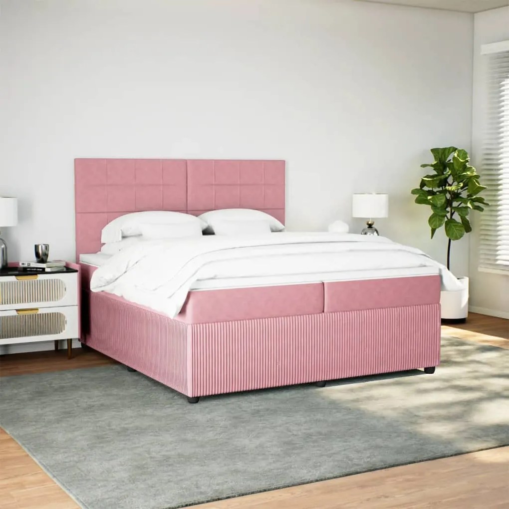 vidaXL Κρεβάτι Boxspring με Στρώμα Ροζ 200x200 εκ. Βελούδινο