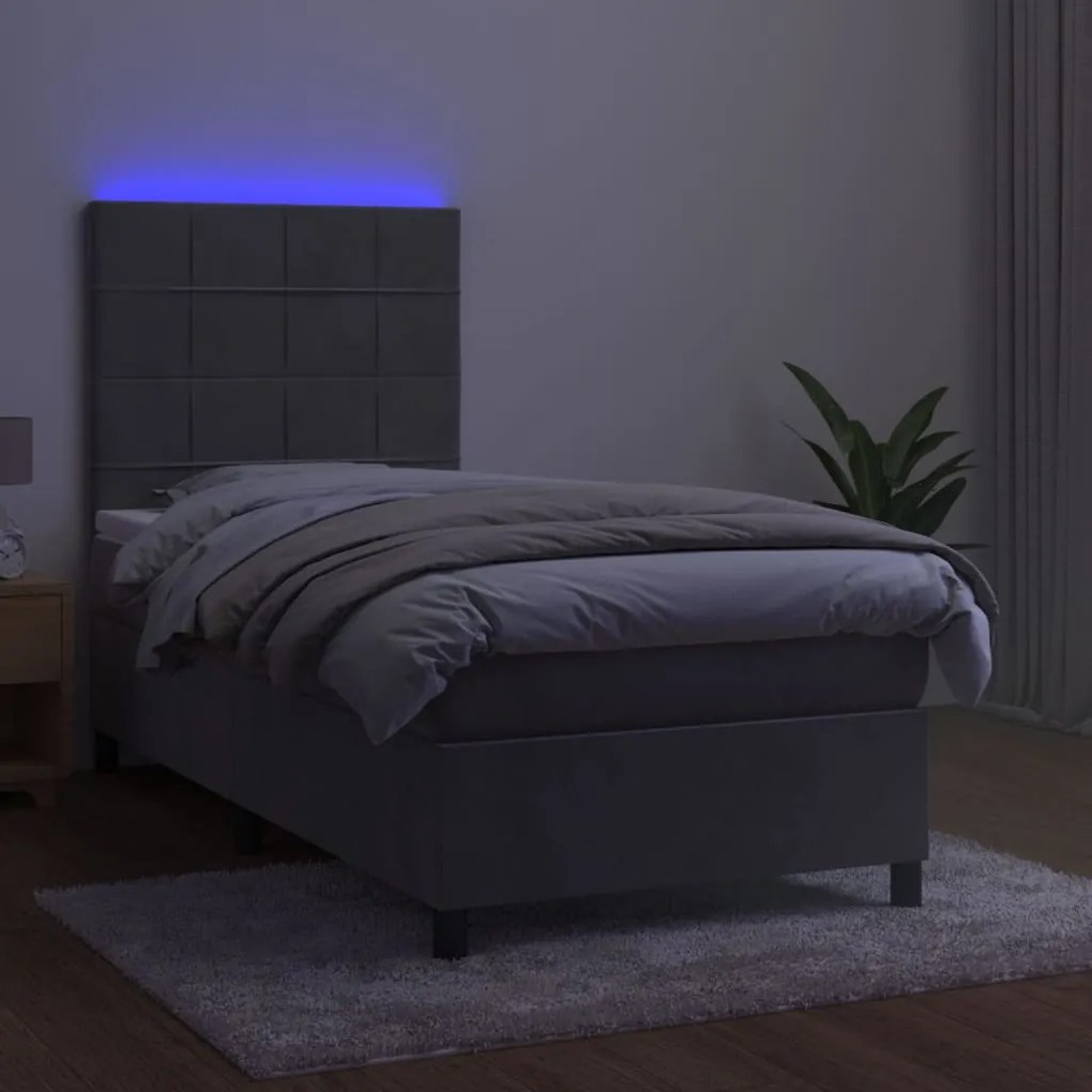 vidaXL Κρεβάτι Boxspring με Στρώμα & LED Αν.Γκρι 100x200 εκ. Βελούδινο