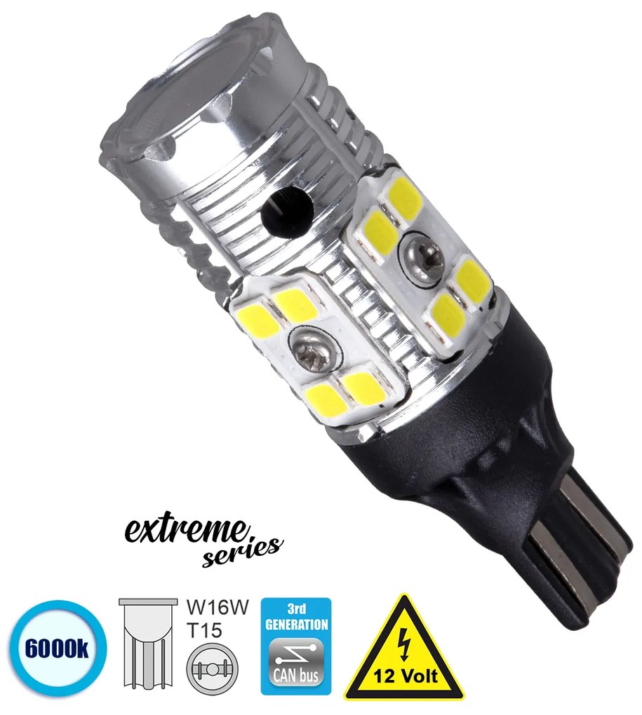 GloboStar® 81131 Λάμπα Αυτοκίνητου T15 - W16W 3rd Generation Can-Bus Extreme Series LED 16 SMD 3030 13W 1950lm 360° DC 12V IP20 Ψυχρό Λευκό 6000K