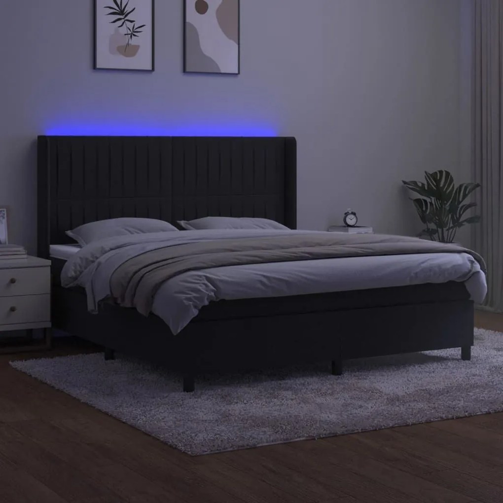 Κρεβάτι Boxspring με Στρώμα &amp; LED Μαύρο 180x200 εκ. Βελούδινο - Μαύρο