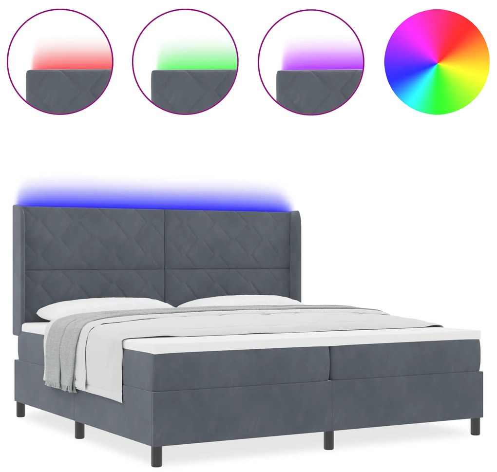 vidaXL Κρεβάτι Box Spring με Στρώμα & LED Σκούρο Γκρι 200x200 εκ. Βελούδο