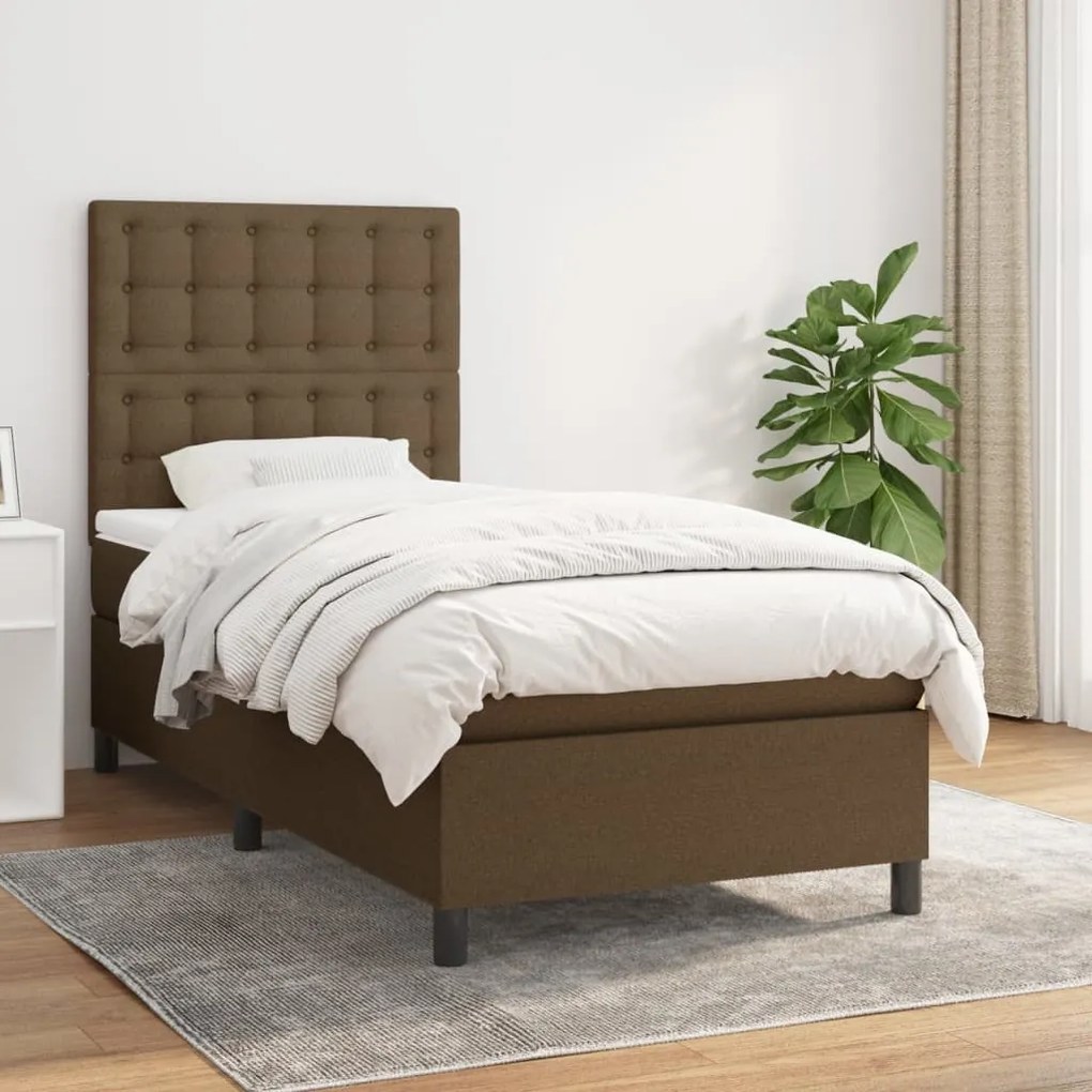 Κρεβάτι Boxspring με Στρώμα Σκούρο Καφέ 90x200 εκ. Υφασμάτινο