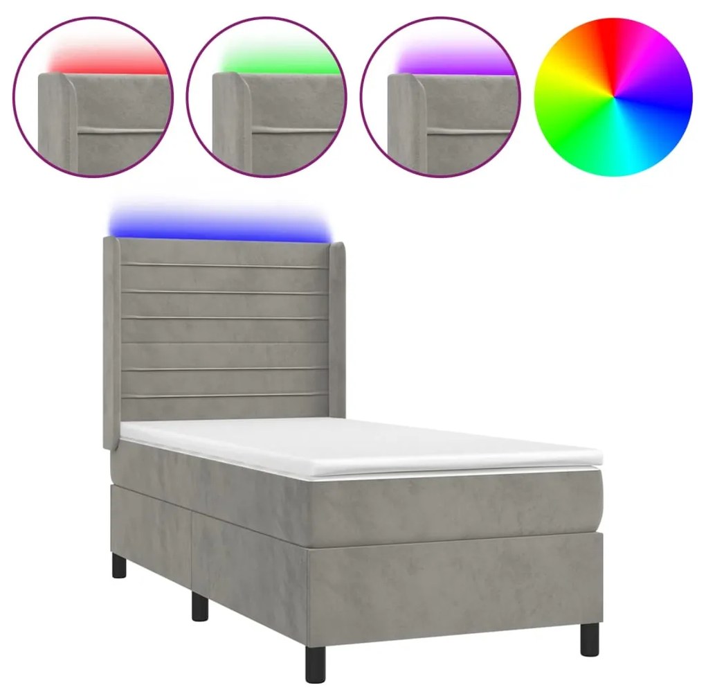 Κρεβάτι Boxspring με Στρώμα &amp; LED Αν.Γκρι 90x190 εκ. Βελούδινο - Γκρι