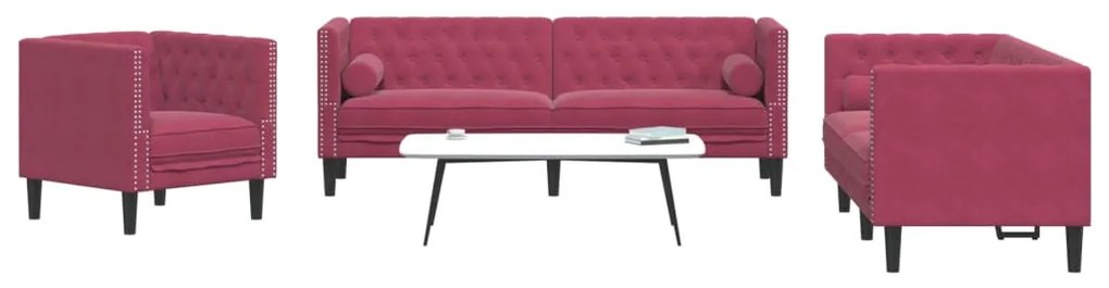 vidaXL Καναπές Chesterfield Σετ 3 Τεμ. με Στηρίγματα Μπορντό Βελούδο