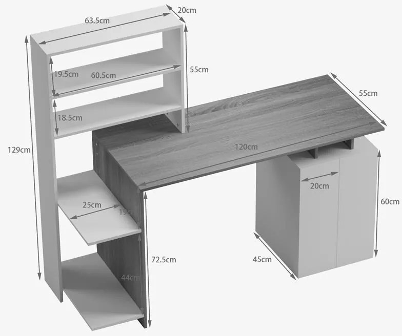 Γραφείο με βιβλιοθήκη και ντουλάπι Meza σε sonoma-λευκή απόχρωση 146.3x55x128.8εκ 146.3x55x128.8 εκ.