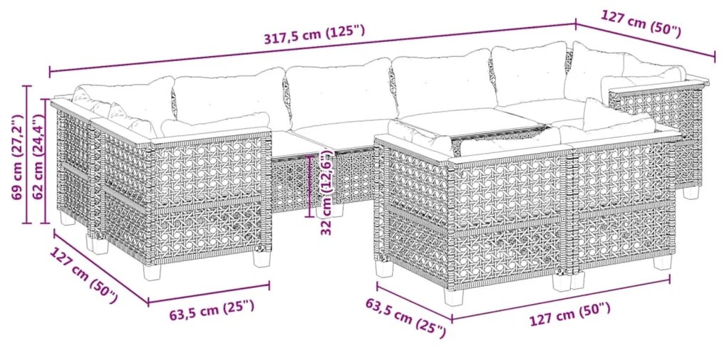 vidaXL Σαλόνι Κήπου Σετ 9 Τεμαχίων Γκρι Συνθετικό Ρατάν με Μαξιλάρια