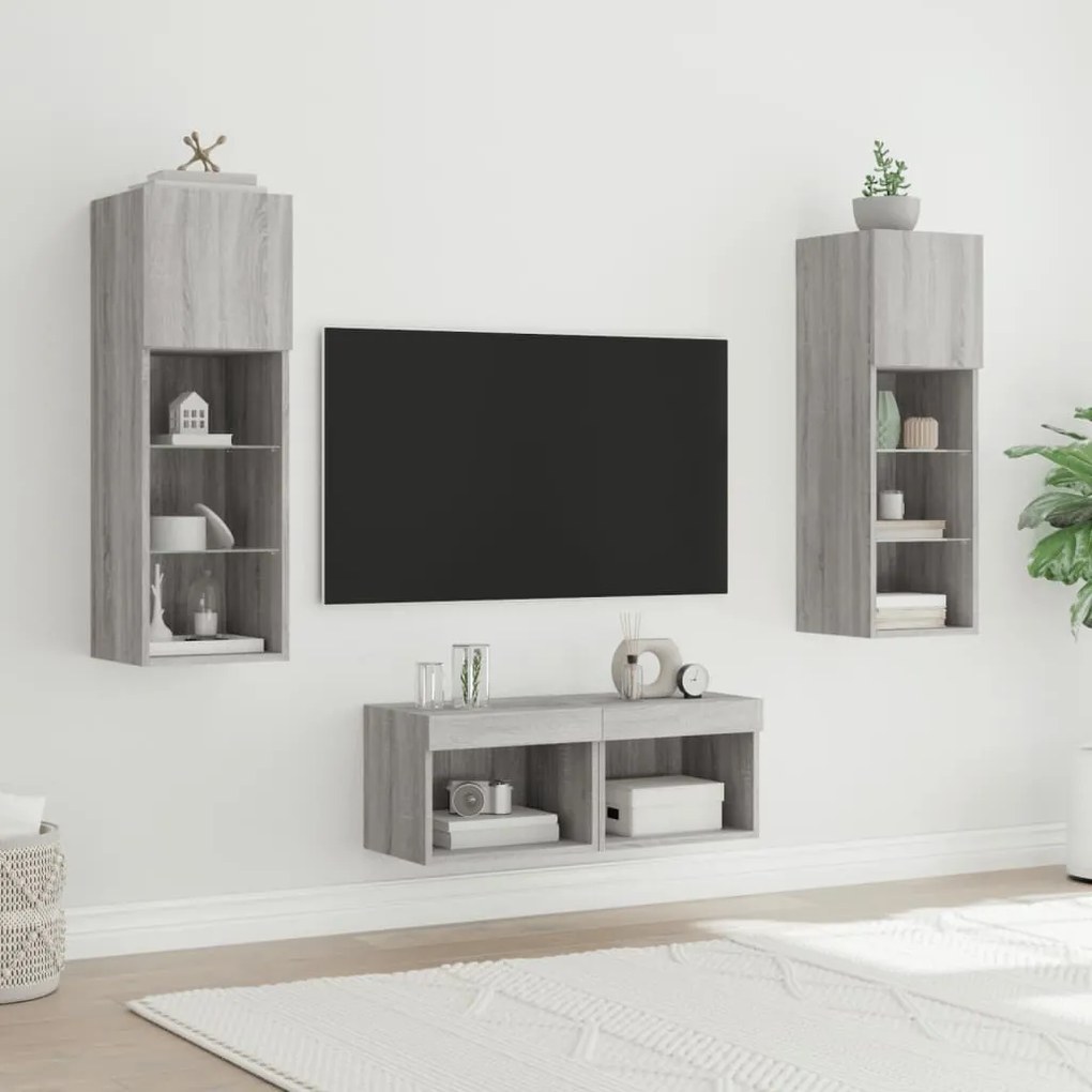 vidaXL Ντουλάπια Τηλεόρασης Τοίχου 4 Τεμ. με Φώτα LED Γκρι Sonoma