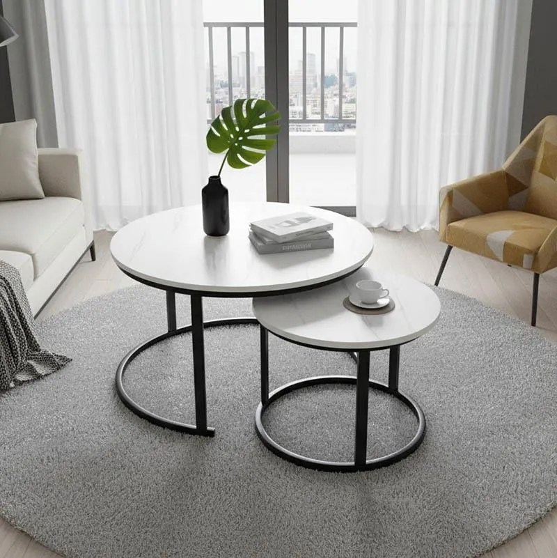 Τραπεζάκι Σαλονιού Revelon σετ 2 τεμ MDF σε όψη Λευκό Μάρμαρο - Μαύρο 80x80x45εκ. 80x80x45 εκ.