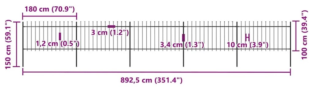 vidaXL Φράχτης Κήπου με Κορυφή Δόρυ από Ατσάλι 892,5 x 100 εκ. Μαύρος
