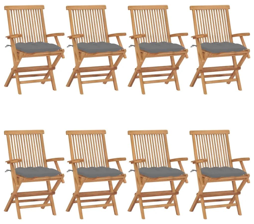 vidaXL Καρέκλες Κήπου 8 τεμ. από Μασίφ Ξύλο Teak με Γκρι Μαξιλάρια