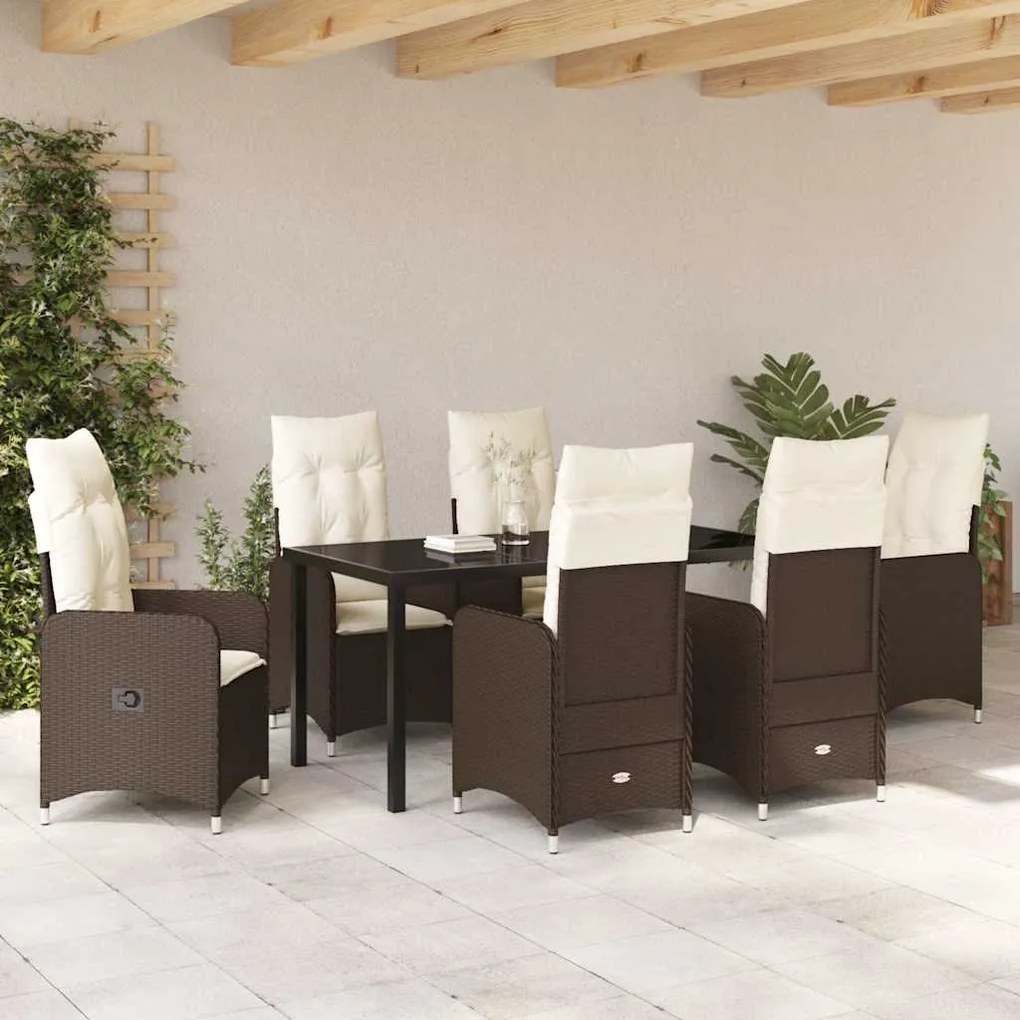 vidaXL Σέτ φαγητού για κήπο με μαξιλάρι 7 pcs Καφέ Πολυ ράταν