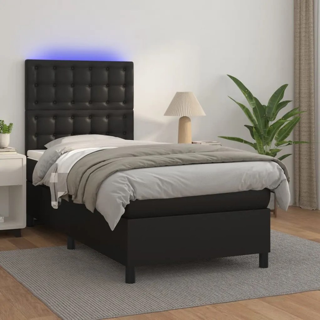 vidaXL Κρεβάτι Boxspring με Στρώμα & LED Μαύρο 100x200 εκ. Συνθ. Δέρμα