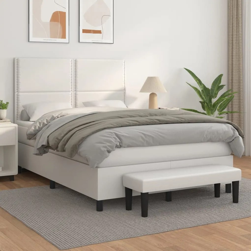 vidaXL Κρεβάτι Boxspring με Στρώμα Λευκό 140x190εκ.από Συνθετικό Δέρμα