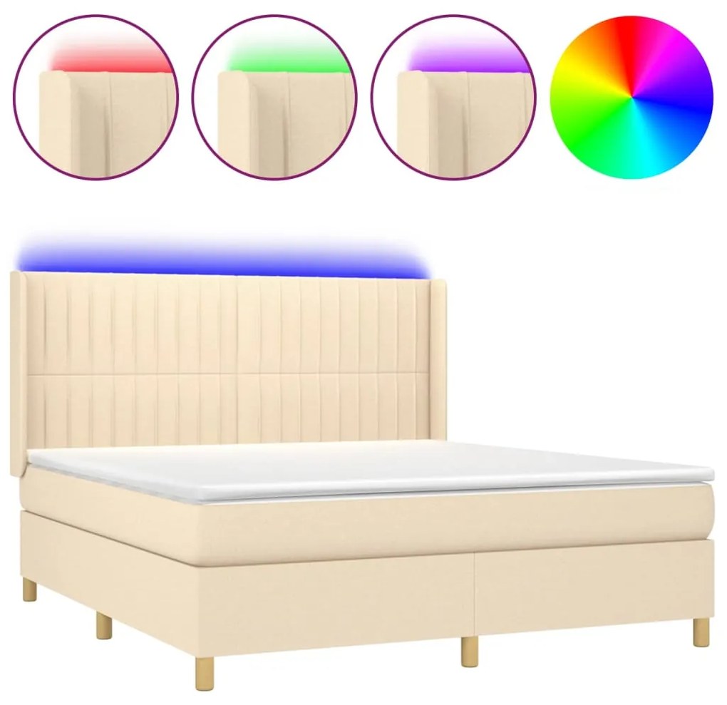 Κρεβάτι Boxspring με Στρώμα &amp; LED Κρεμ 160x200 εκ. Υφασμάτινο - Κρεμ