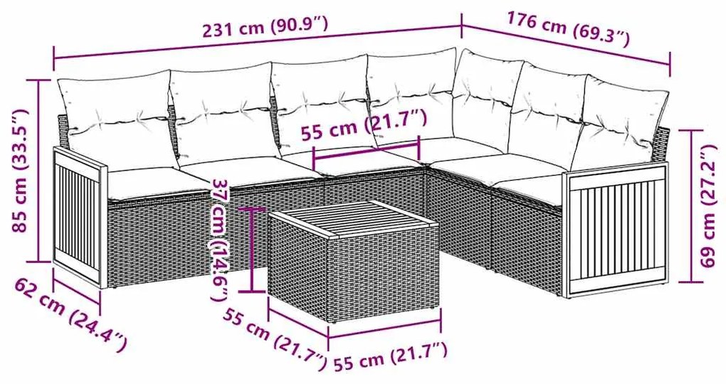 vidaXL Καναπές Σετ 7 Τεμαχίων Μαύρο Συνθετικό Ρατάν με Μαξιλάρια