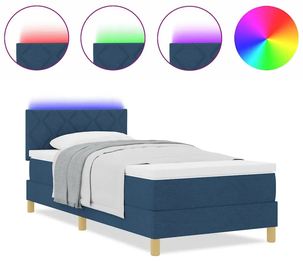 vidaXL LED Κρεβάτι με βάθρο με στρώμα Μπλε 90 x 190 cm ύφασμα