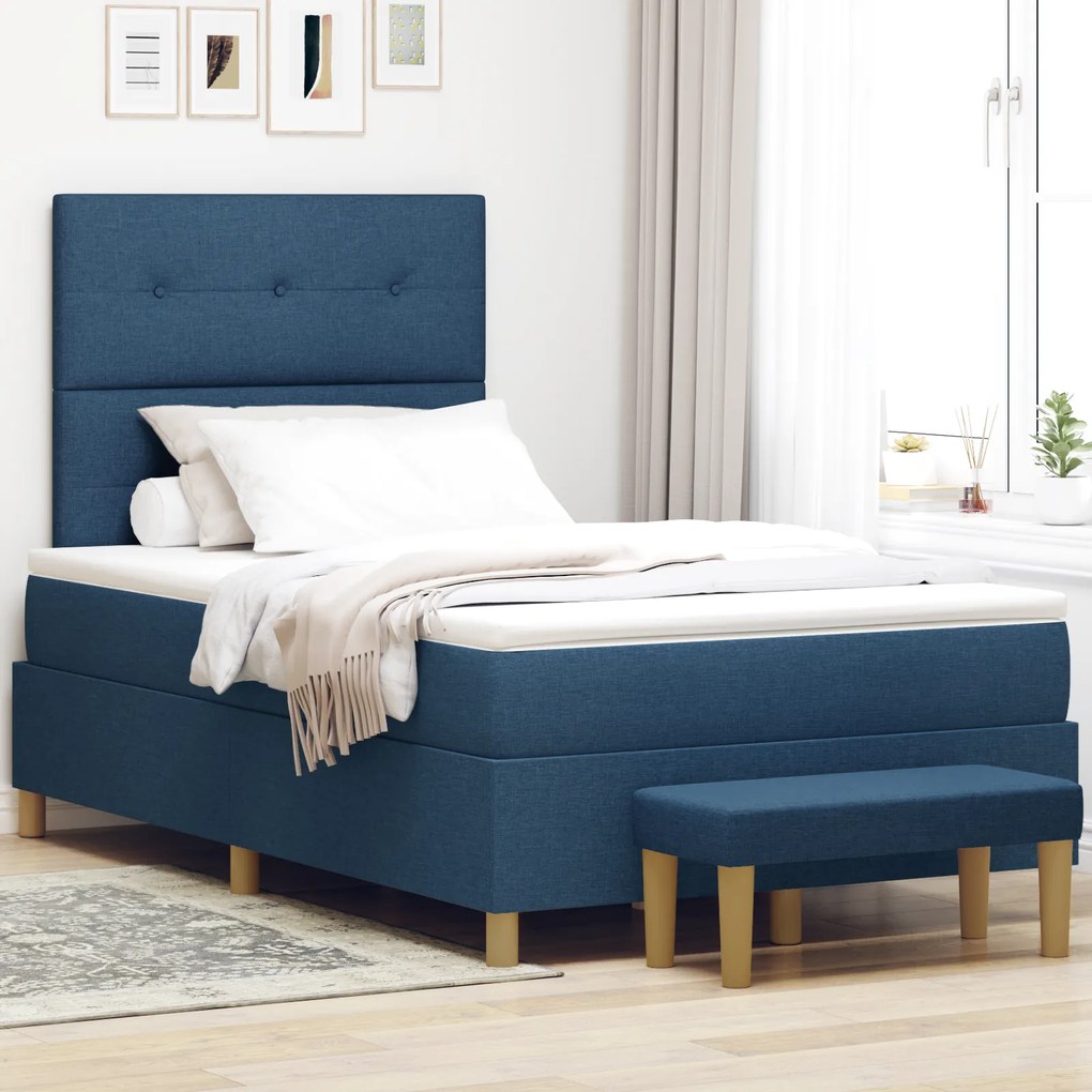 vidaXL Κρεβάτι Box Spring με Στρώμα & Πάγκο Μπλε 120x200 εκ Υφάσματος