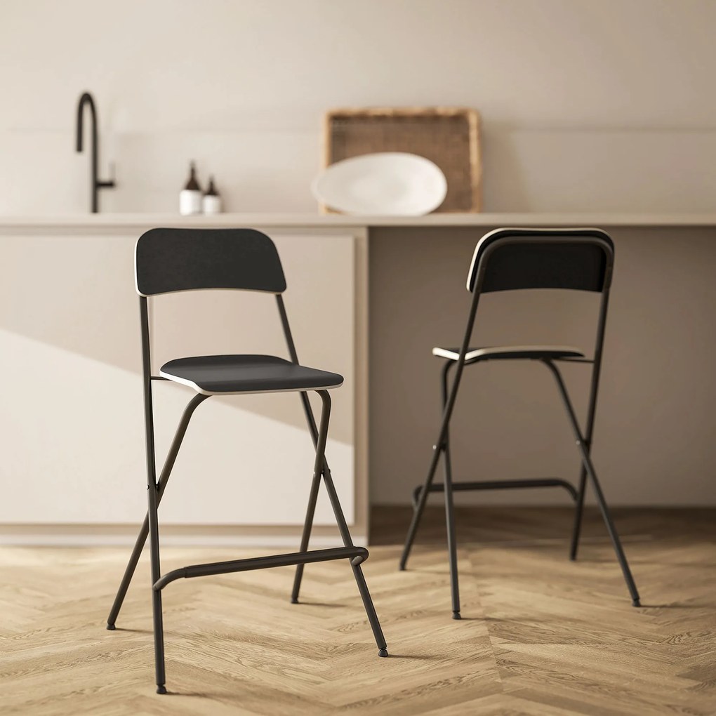 HOMCOM Σετ 2 σκαμπό μπαρ, πτυσσόμενα σκαμπό μπαρ με ατσάλινο πλαίσιο, για κουζίνα, τραπεζαρία, μαύρο