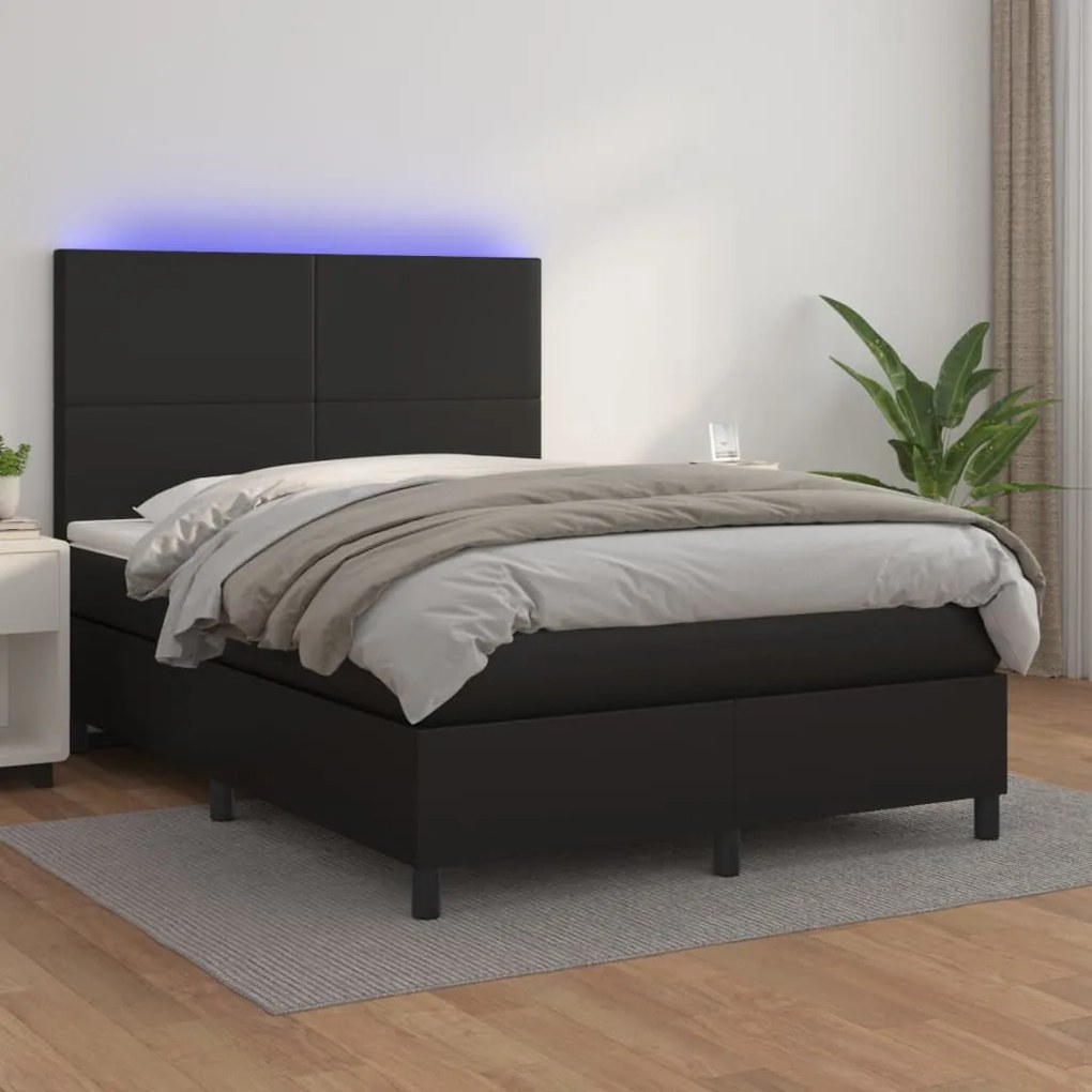 vidaXL Κρεβάτι Boxspring με Στρώμα &amp; LED Μαύρο 140x190 εκ. Συνθ. Δέρμα