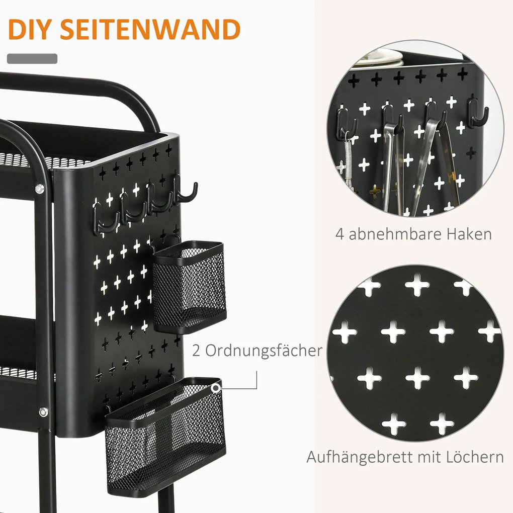 HOMCOM Τρόλεϊ Κουζίνας με Περφορέ Πάνελ, Βάση Πετσέτας, Καλάθια Αποθήκευσης, Μαύρο