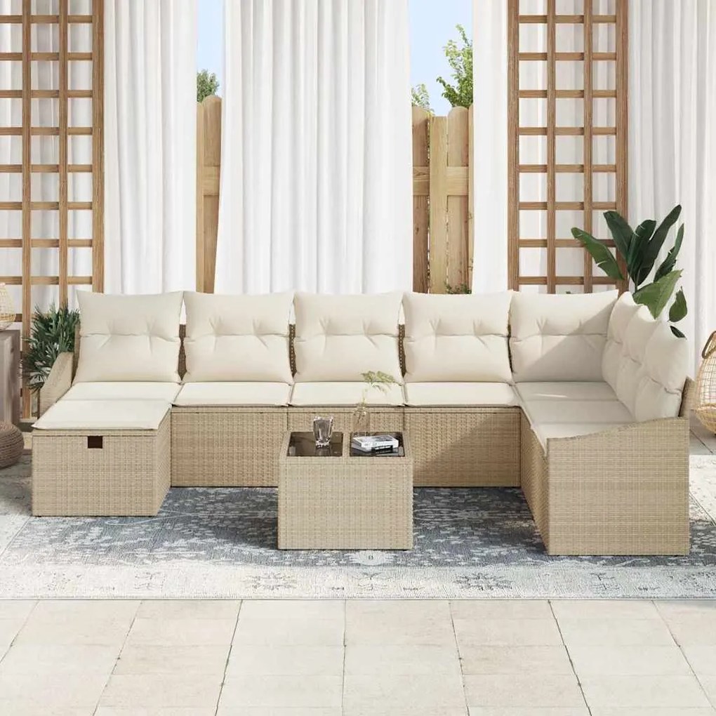 vidaXL Σετ Καναπέ Κήπου με μαξιλάρι 9 pcs Μπεζ Πολυ ράταν