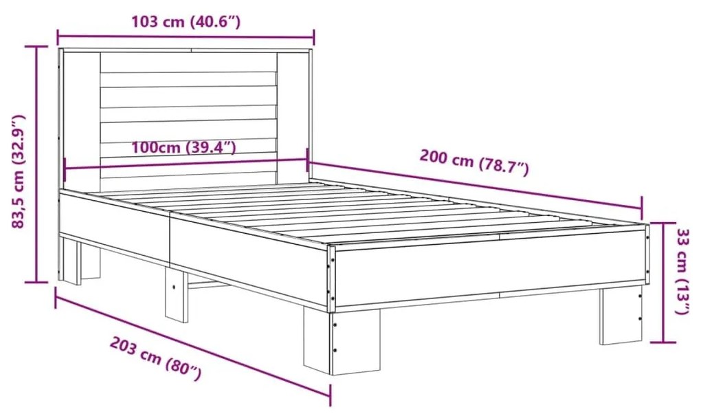 Πλαίσιο Κρεβατιού Γκρι Sonoma 100x200 εκ. Επεξ. Ξύλο &amp; Μέταλλο - Γκρι