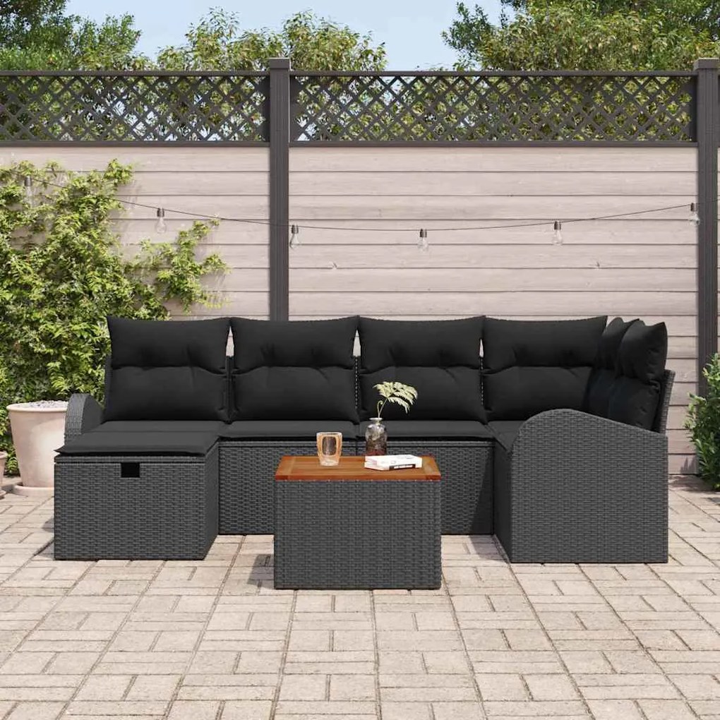 vidaXL Set Καναπέ Κήπου 7 Τεμαχίων με Μαξιλάρια Μαύρο Πολυ Ρατάν