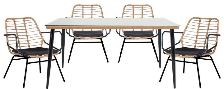 Τραπεζαρία Naoki A σετ 5 τμχ rattan φυσικό-μαύρο μέταλλο-γυαλί 160x90x78εκ 160x90x78 εκ.