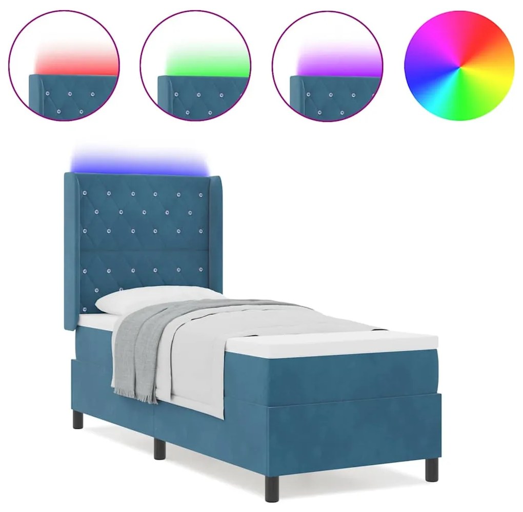vidaXL Κρεβάτι Box Spring LED με Στρώμα Μπλε 80 x 200 cm Βελούδο