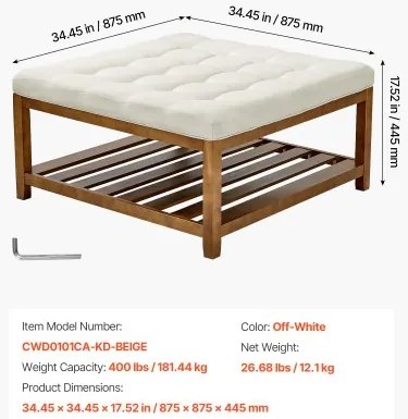 VEVOE Large Square Ottoman Coffee Table, 87.5 cm Tufted Coffee Table with Solid Wood Shelf Storage, Linen Solid Upholstered Footrest Ottoman for Bedroom Living Room, 400 LBS, Off-White