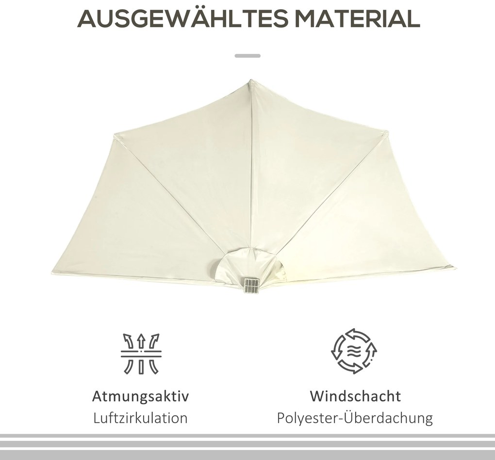 Outsunny Ομπρέλα, ομπρέλα βεράντας, ημικυκλική, με ηλιακό πάνελ, 20 LED, μανιβέλα, μπεζ, 2,70 x 1,35 x 2,40 m