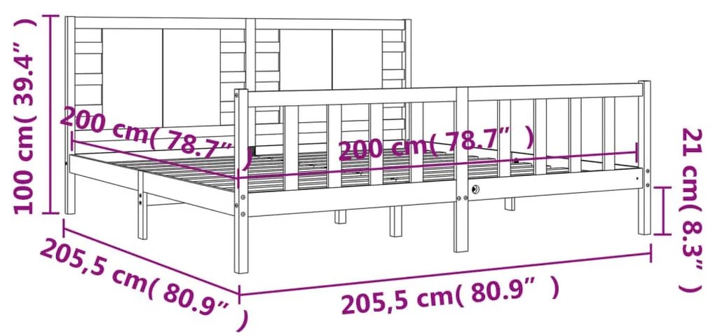 Πλαίσιο Κρεβατιού με Κεφαλάρι Μαύρο 200x200 εκ. Μασίφ Ξύλο - Μαύρο