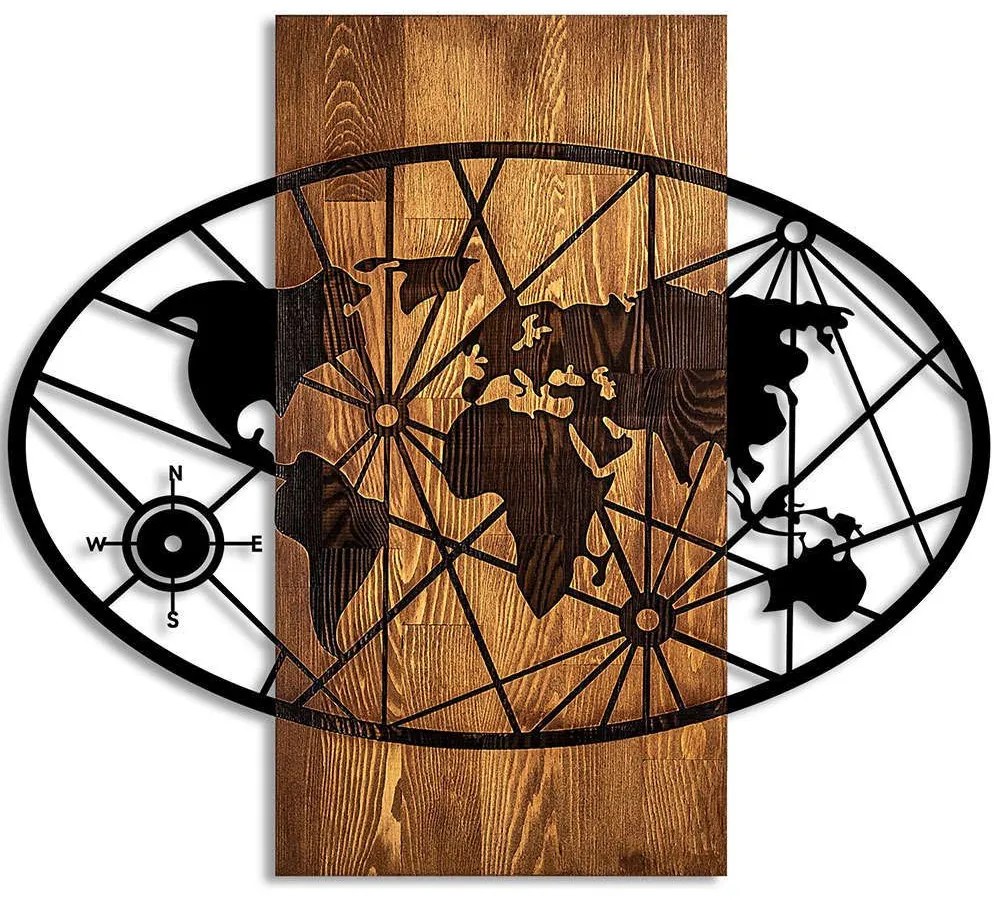 Διακοσμητικό Τοίχου World Map 899SKL2628 57x62cm Walnut-Black Wallity Μέταλλο,Ξύλο