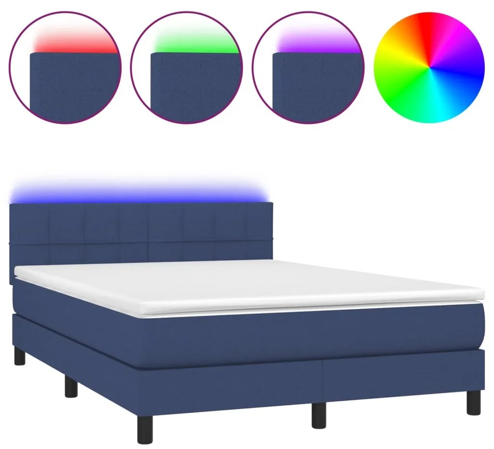 vidaXL Κρεβάτι Boxspring με Στρώμα & LED Μπλε 140x200 εκ. Υφασμάτινο