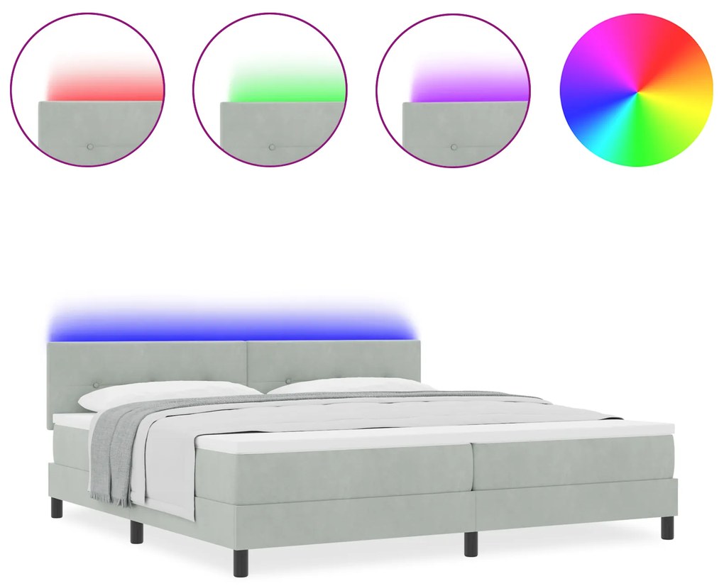 vidaXL Κρεβάτι Box Spring με Στρώμα & LED Φωτισμός Γκρι 200x200 εκ Βελούδο