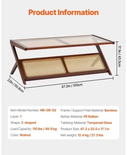 VEVOR Rattan Coffee Table Z-Shaped Rattan Coffee Table 1-Tier for Living Room
