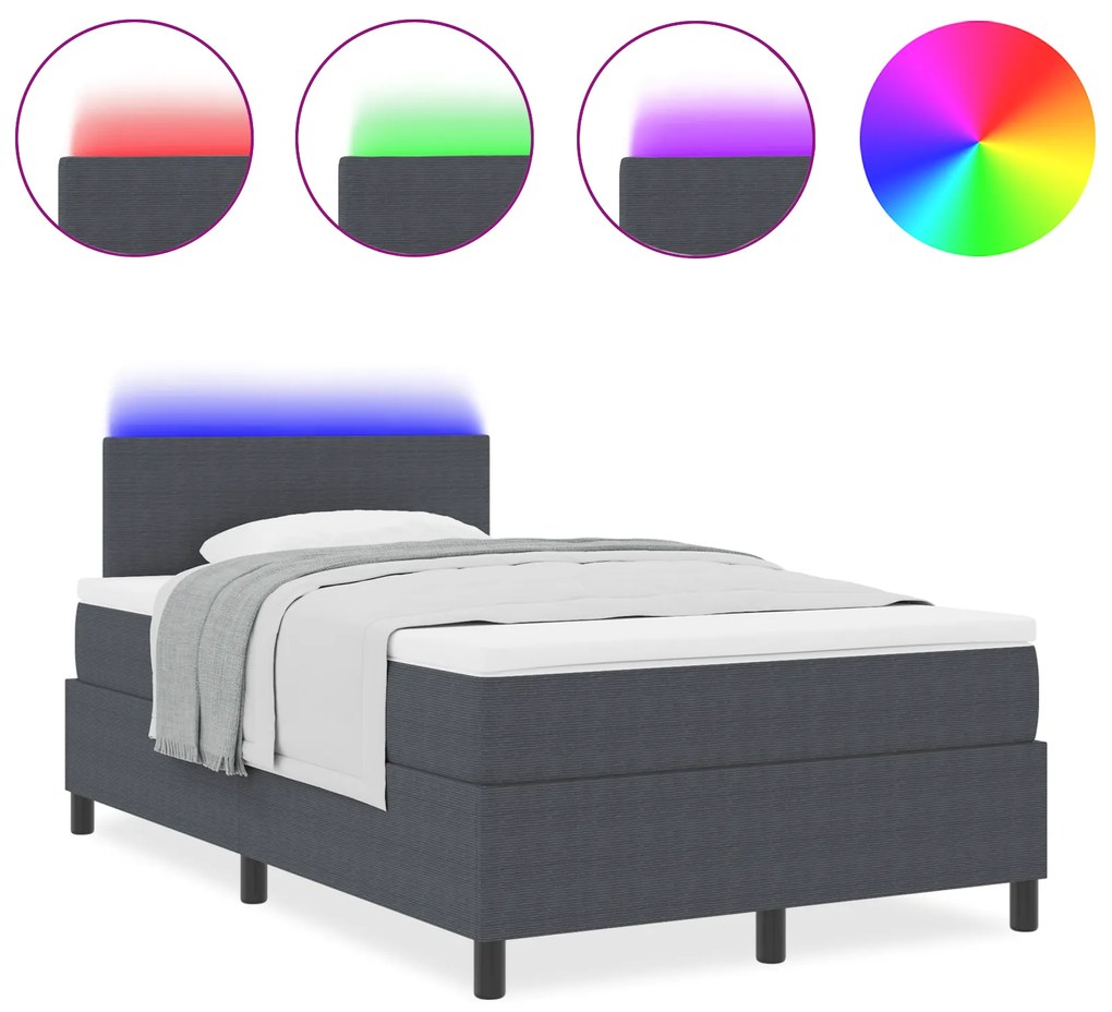 vidaXL Κρεβάτι με Κιβώτιο , Στρώμα & LED Σκούρο Γκρί 120x200 εκ Ύφασμα Κορντούρας