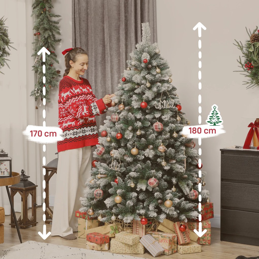 HOMCOM Τεχνητό χριστουγεννιάτικο δέντρο 180 εκ. τεχνητό πεύκο με χιόνι, 1000 μύτες 34 κουκουνάρια φαρδιά βάση