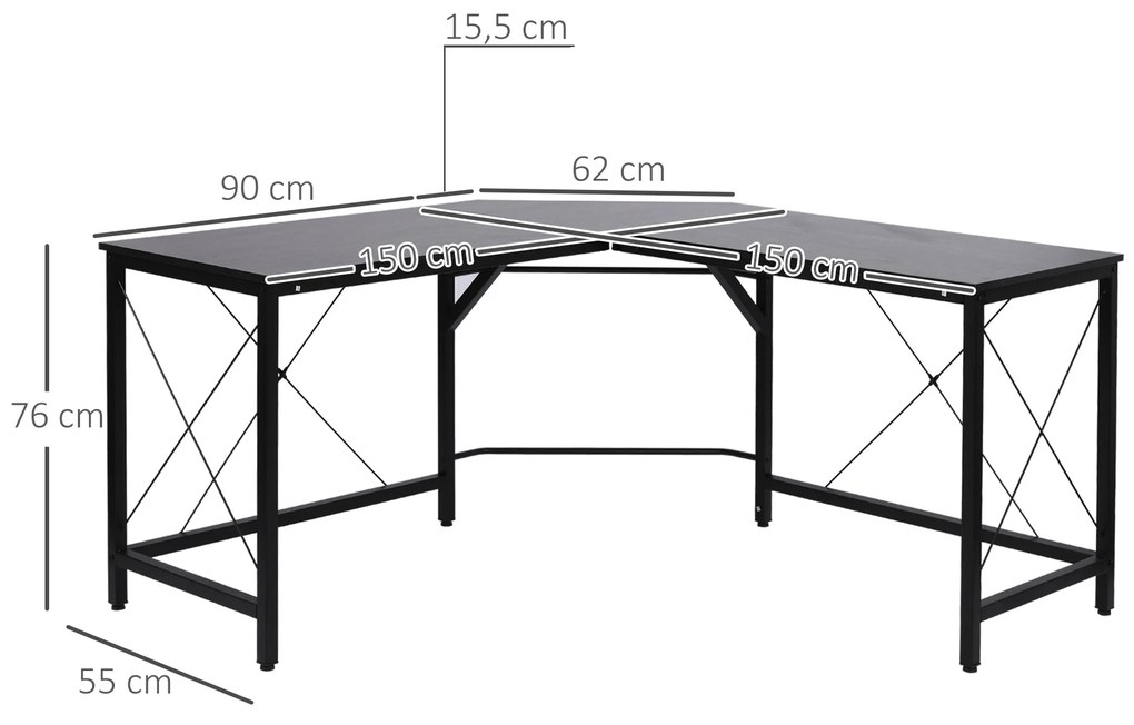 Γραφείο υπολογιστή, Γραφείο σε σχήμα L, Γωνιακό γραφείο, Γραφείο γωνίας, MDF Μαύρο, 150 x 150 x 76 εκ.