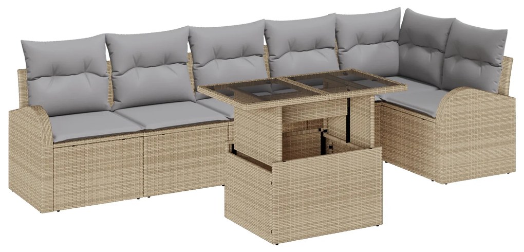 vidaXL Set καναπέ κήπου 7 κομματιών με μαξιλάρια σε μπεζ πολυ ράτταν