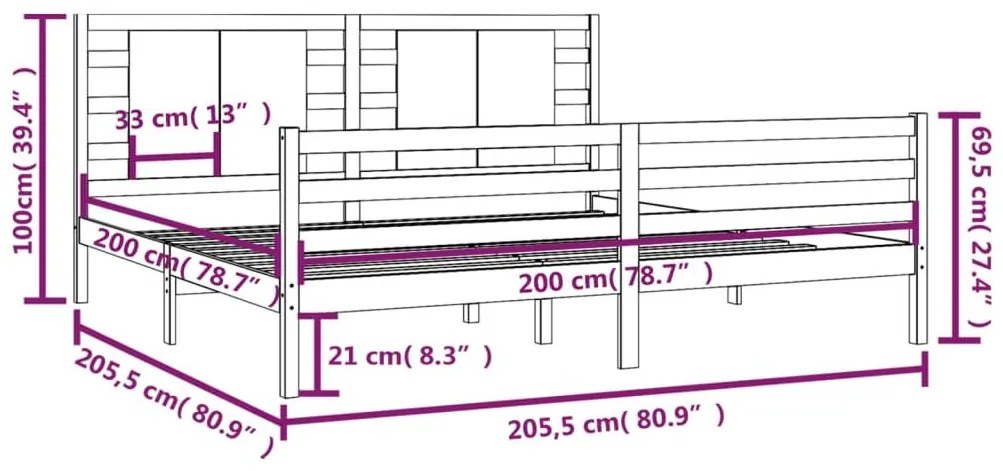 Πλαίσιο Κρεβατιού Μαύρο 200 x 200 εκ. από Μασίφ Ξύλο Πεύκου - Μαύρο