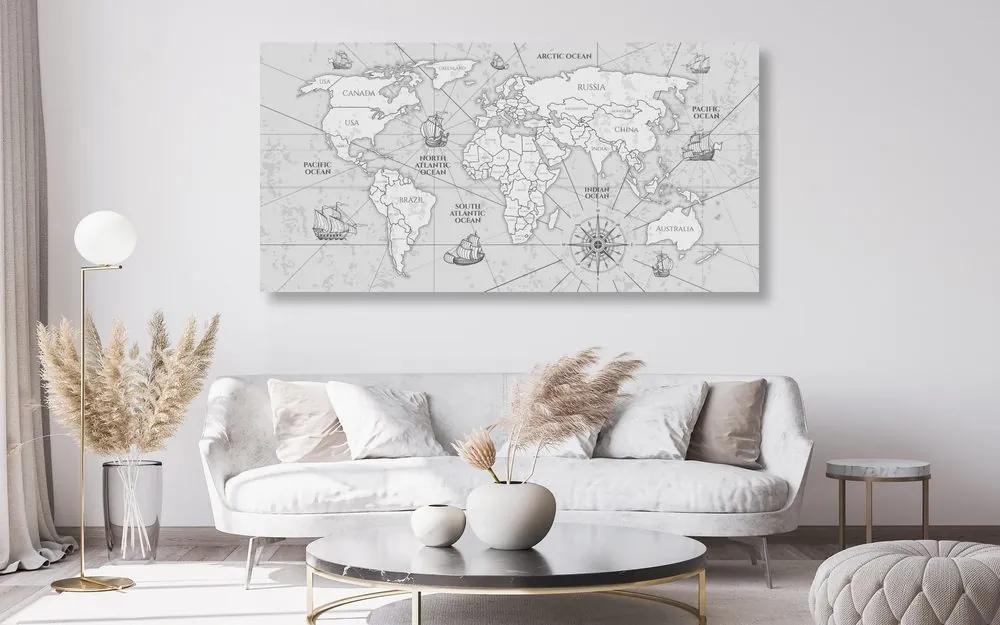 Εικόνα στον παγκόσμιο χάρτη από φελλό με βάρκες σε ασπρόμαυρο - 100x50  smiley
